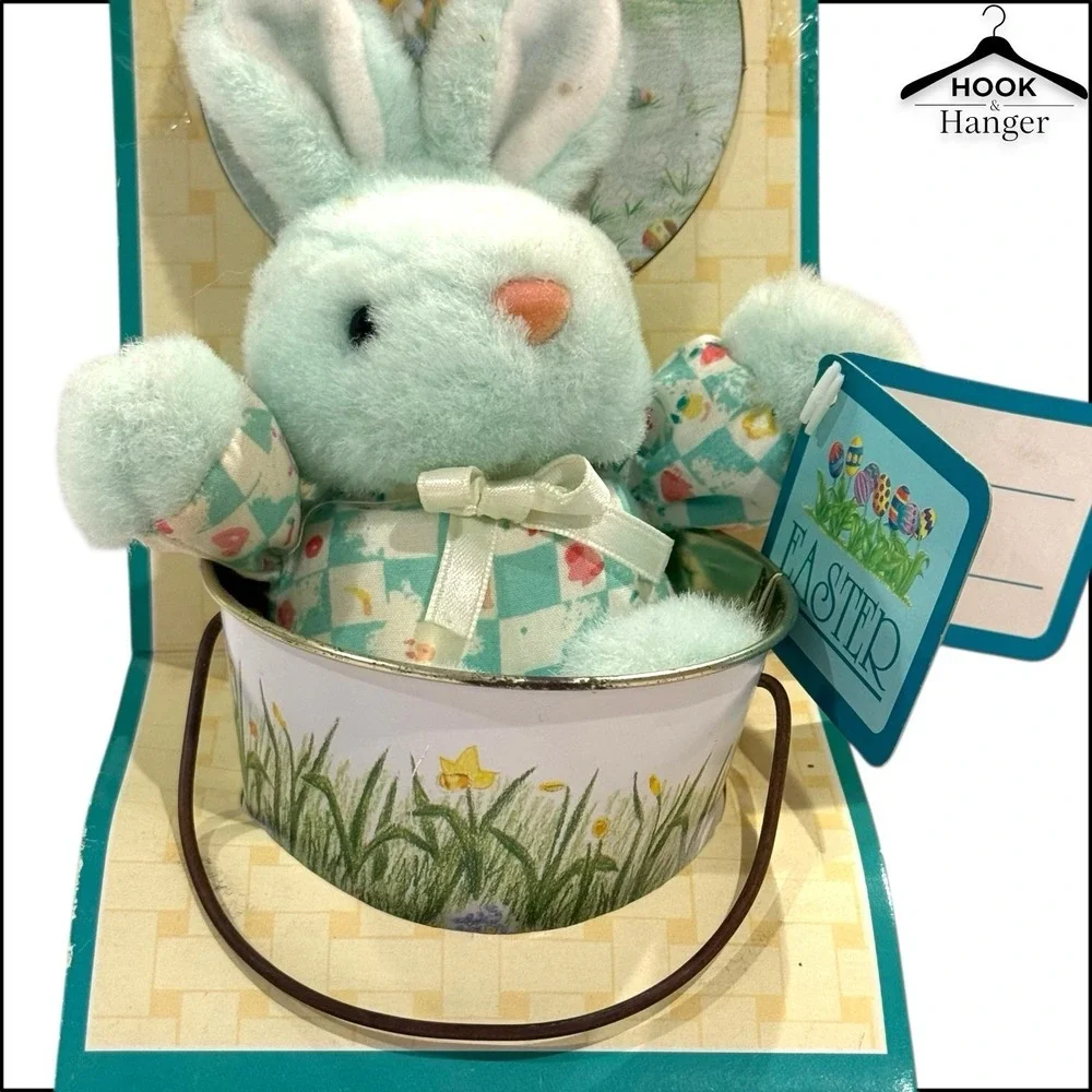 Vintage‎ Homespun Creations Easter Trinket Tin Bucket Lid Mint Green Bunny 90s